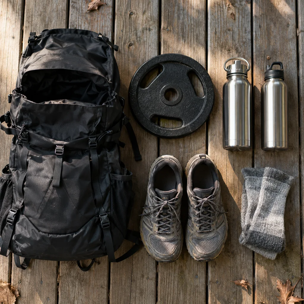 Backpack, cast iron weight plate, bottles and trail shoes laid out on a porch