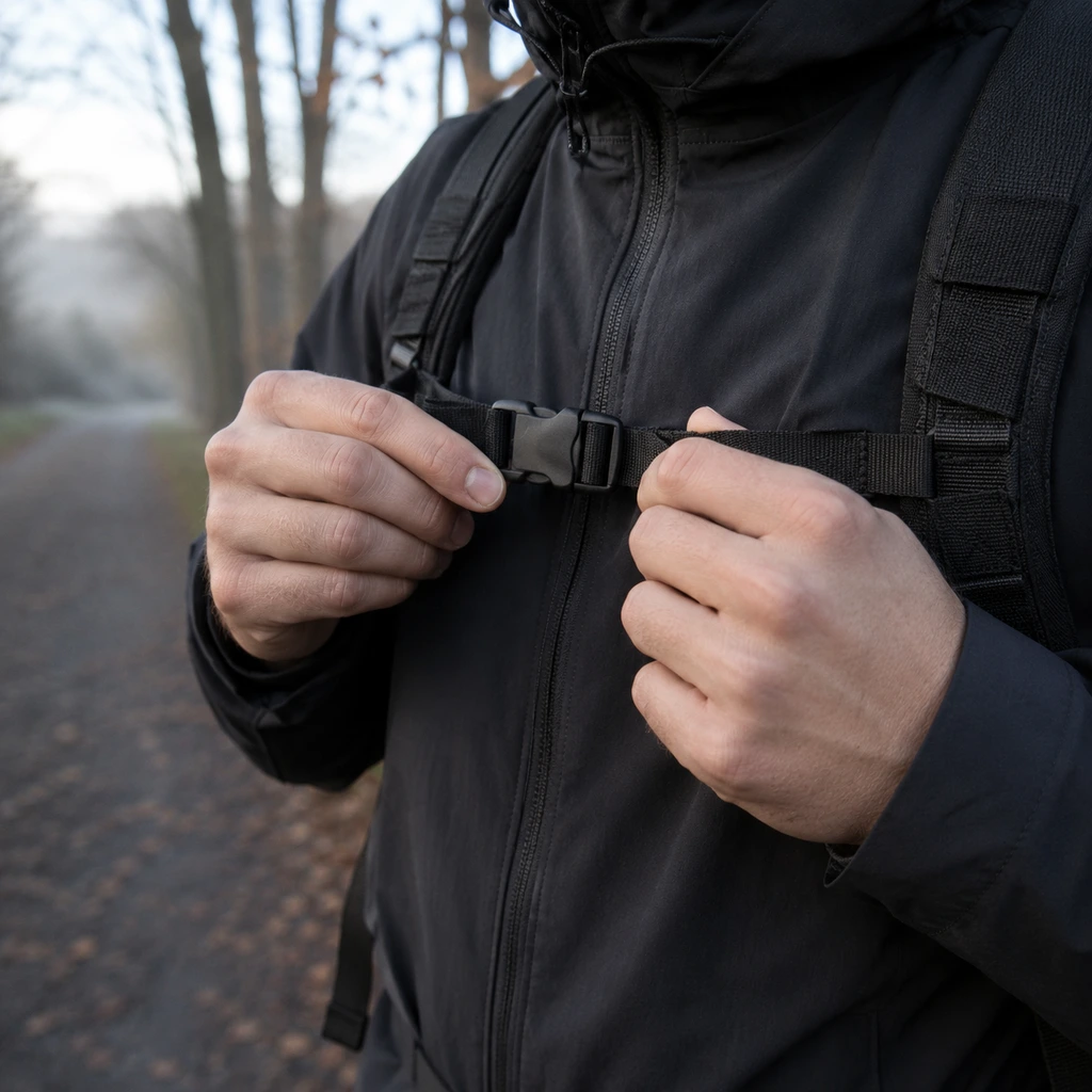 Rucking for beginners, hands tightening the sternum strap of a loaded backpack