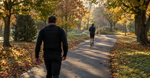 Rucking vs running on an autumn park path, one walker under a weighted vest and one runner