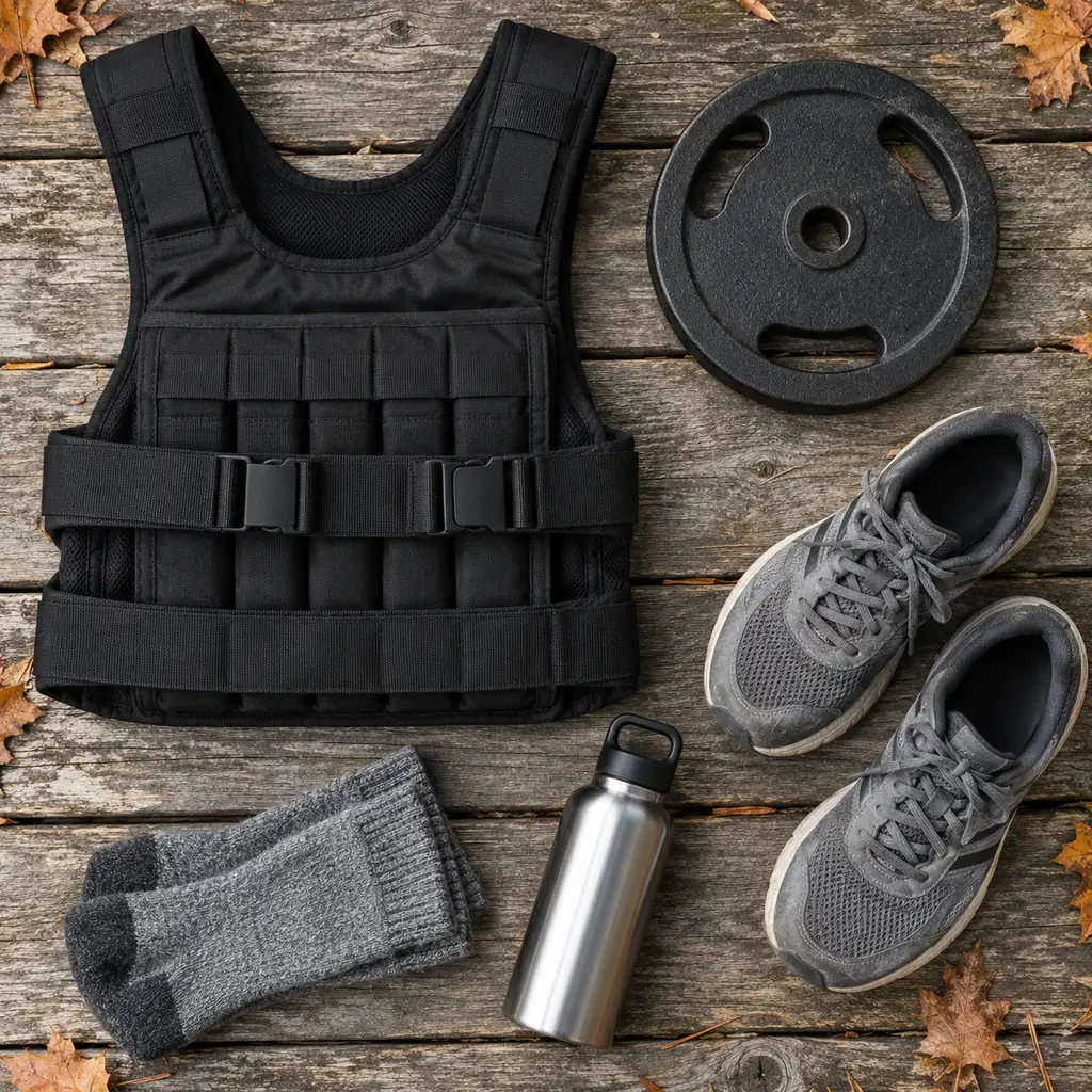 Weighted vest, cast iron plate, running shoes and socks laid out on wooden boards