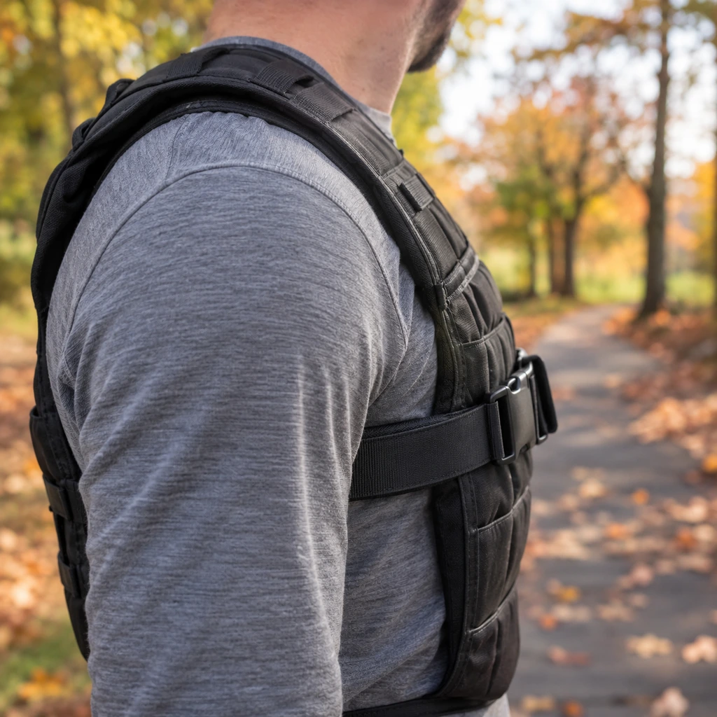 Rucking vs running kit, the shoulder strap and buckle of a weighted vest worn on a walk