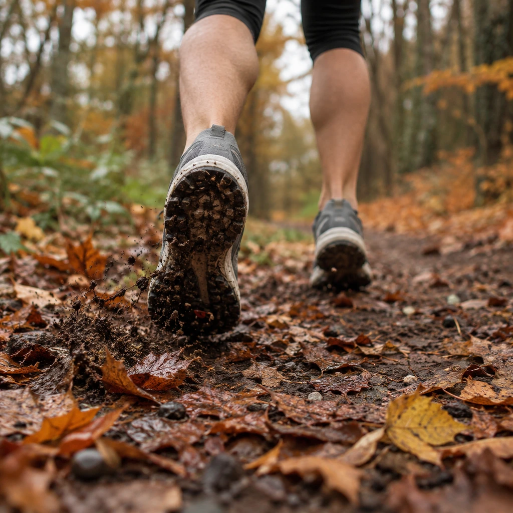 Trail running shoes mid stride on a leaf covered woodland path in autumn