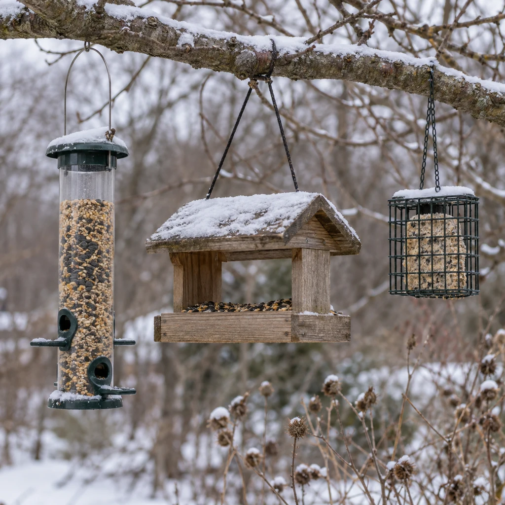 A seed tube, wooden hopper and wire suet cage hanging together in snow