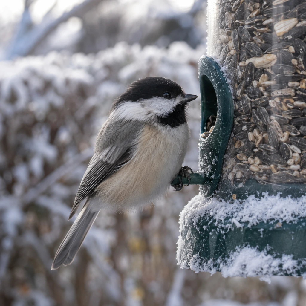 Winter bird feeding, a small songbird clinging to a snow dusted feeder port