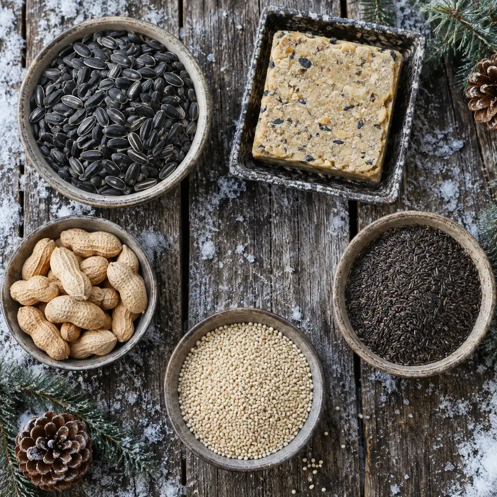 Sunflower seed, a suet cake, peanuts, thistle seed and millet in low dishes
