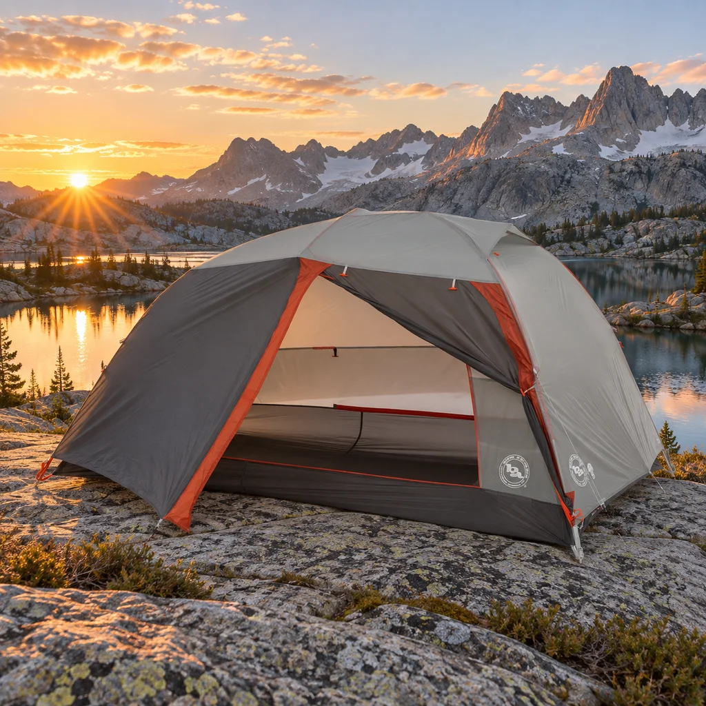 Big Agnes Copper Spur HV UL tent pitched on granite above a Wind River lake