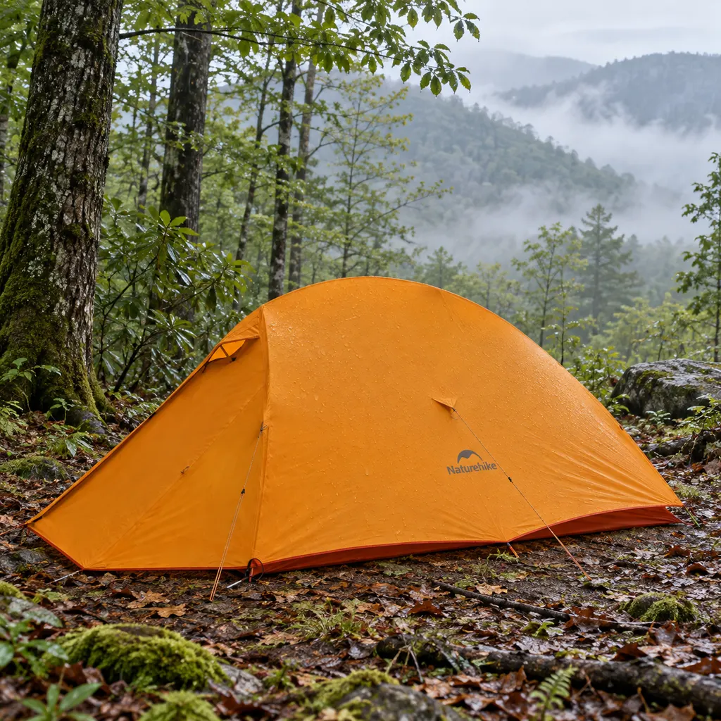 Orange Naturehike Cloud-Up 2 tent at a misty Great Smoky Mountains campsite