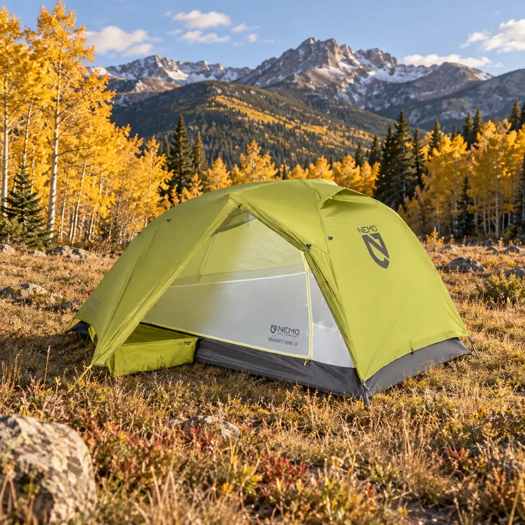 NEMO Dragonfly OSMO tent in a Rocky Mountain meadow with fall aspens behind