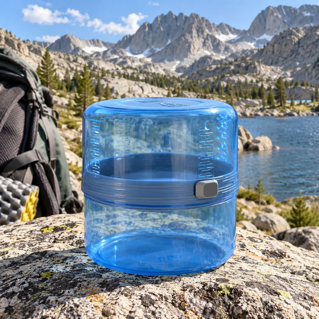 BearVault BV ONE adjustable bear canister beside an alpine lake in the Wind River Range