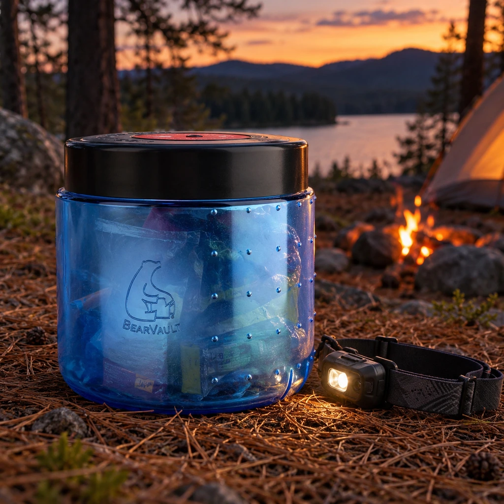 BearVault BV450 bear canister on pine needles at an Adirondack campsite at dusk