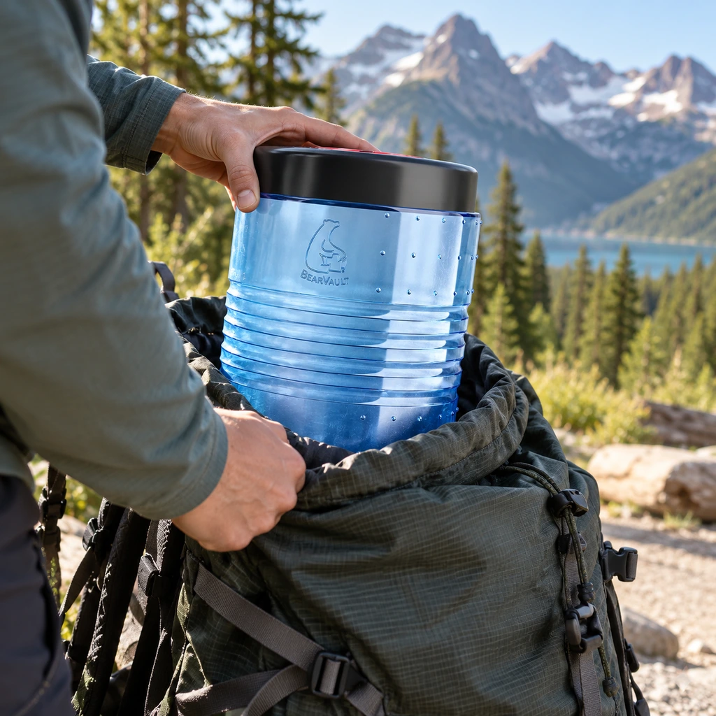 BearVault BV500 bear canister being packed at a Glacier National Park trailhead