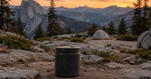 Bear canister set well away from a backpacking tent at a Yosemite backcountry campsite