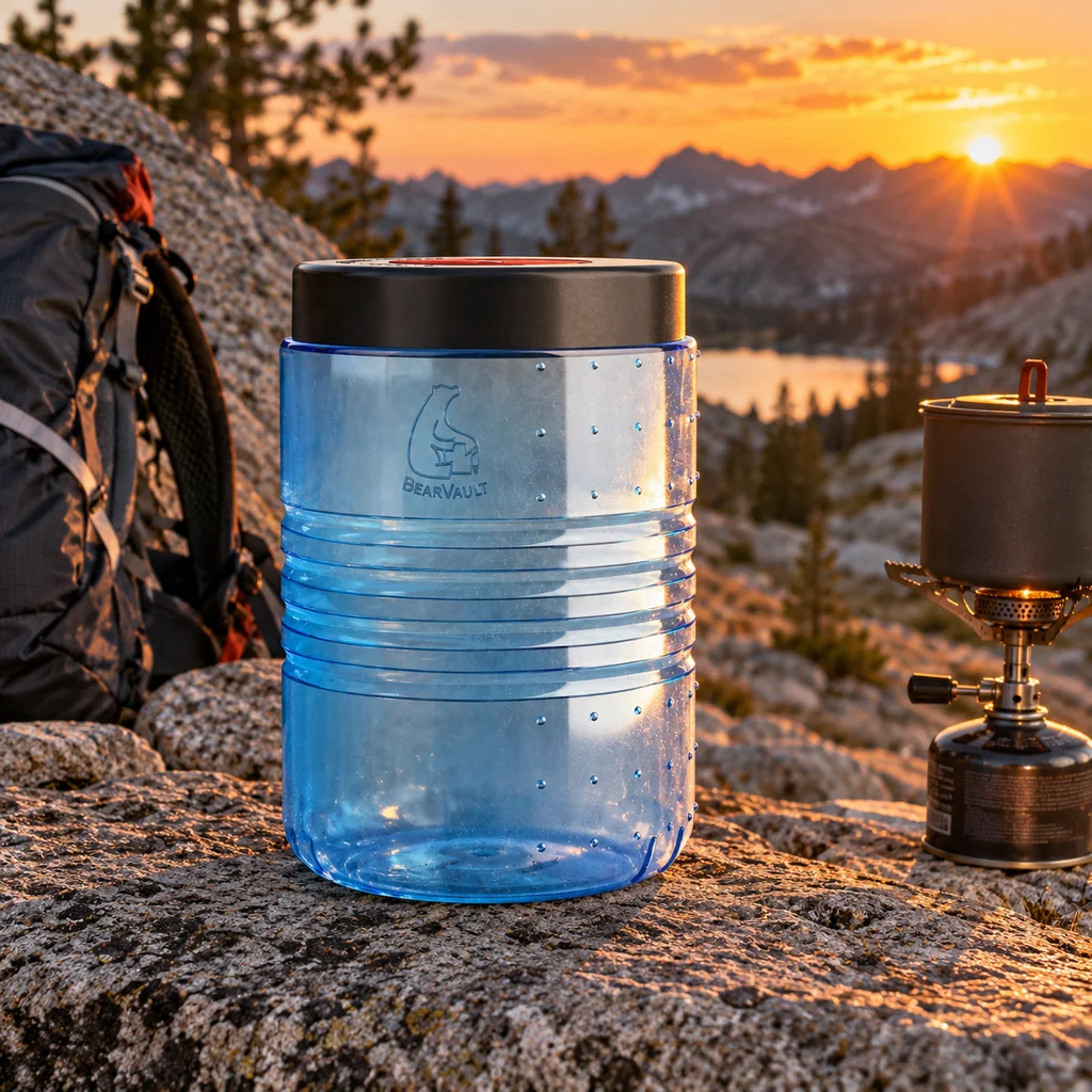 Best bear canisters for backpacking, a BearVault on granite at a High Sierra campsite