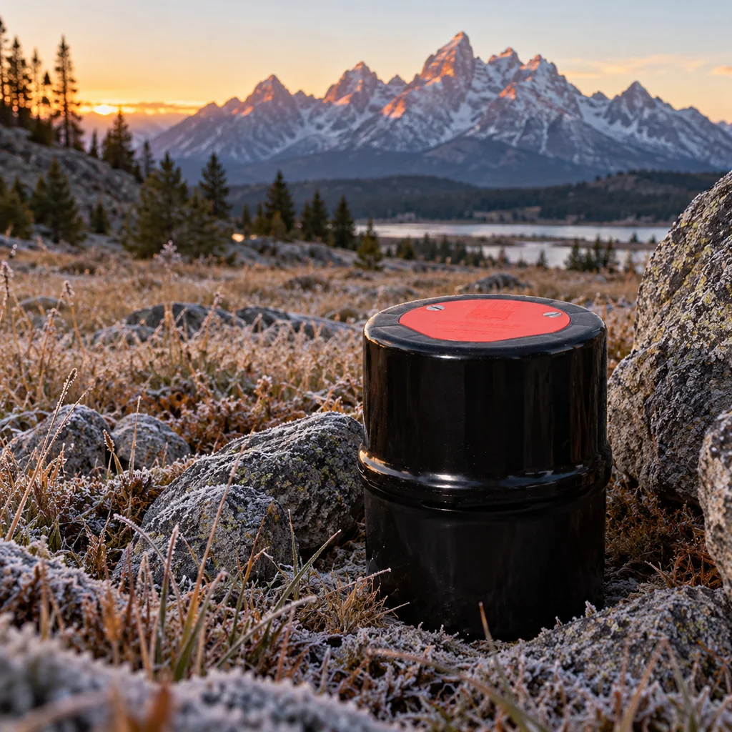 UDAP No-Fed-Bear canister in a rocky hollow in Grand Teton backcountry at dawn