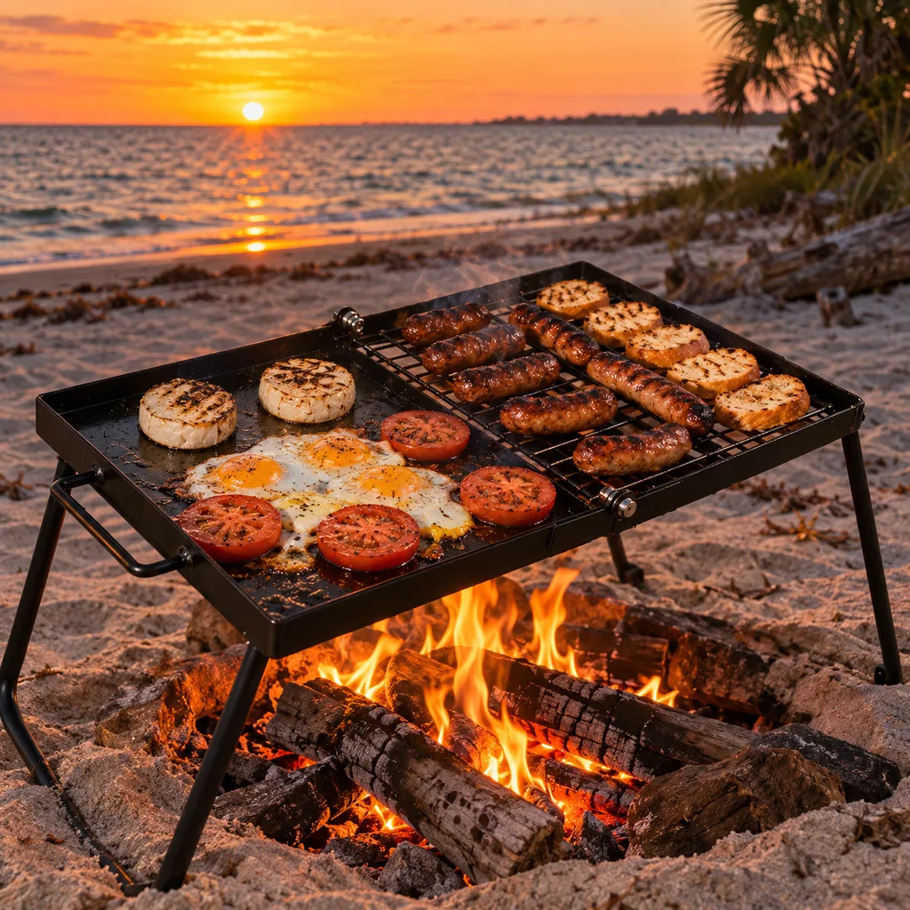 Adventure Seeka folding campfire grill and griddle cooking food on a Florida beach at sunset