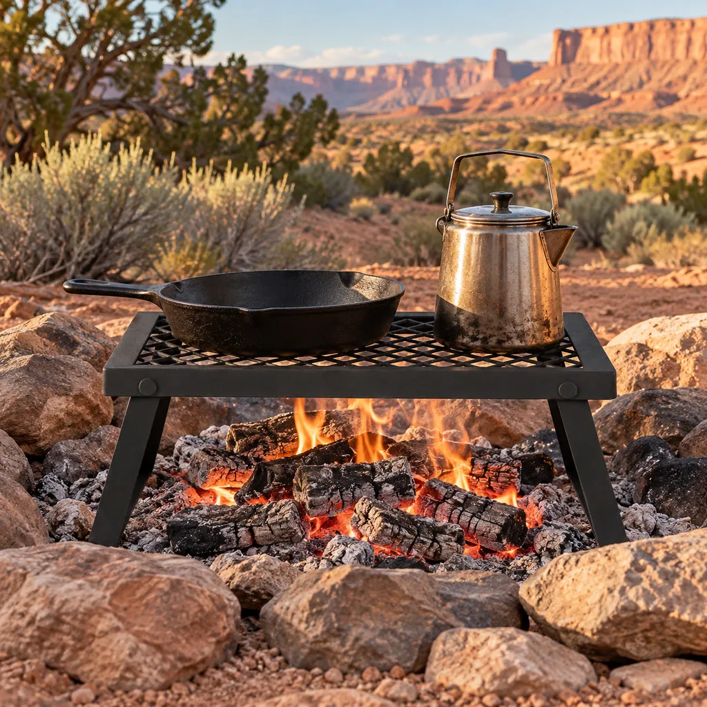 Amazon Basics folding steel grate over coals in a Utah desert fire ring