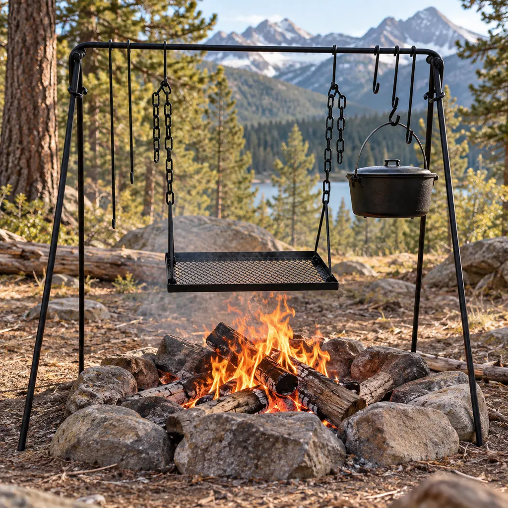 Bruntmor grill swing stand over a Colorado campfire with a cast iron pot hanging