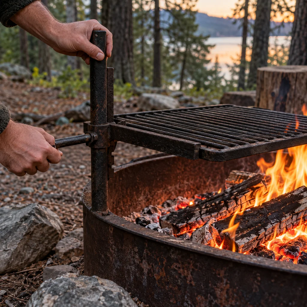 Adjusting one of the best campfire grills over a fire in Oregon