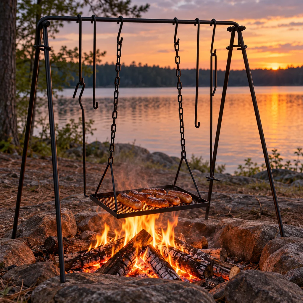 REDCAMP swing campfire stand with sausages on the grate at a Wisconsin lakeside campsite