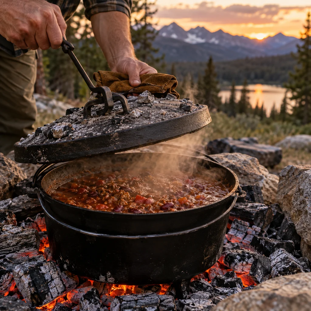 Best dutch ovens for camping: lid lifter raising the lid on bubbling chili