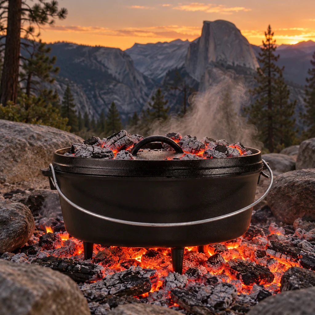 Lodge 6 quart camp dutch oven on coals at a Yosemite campsite