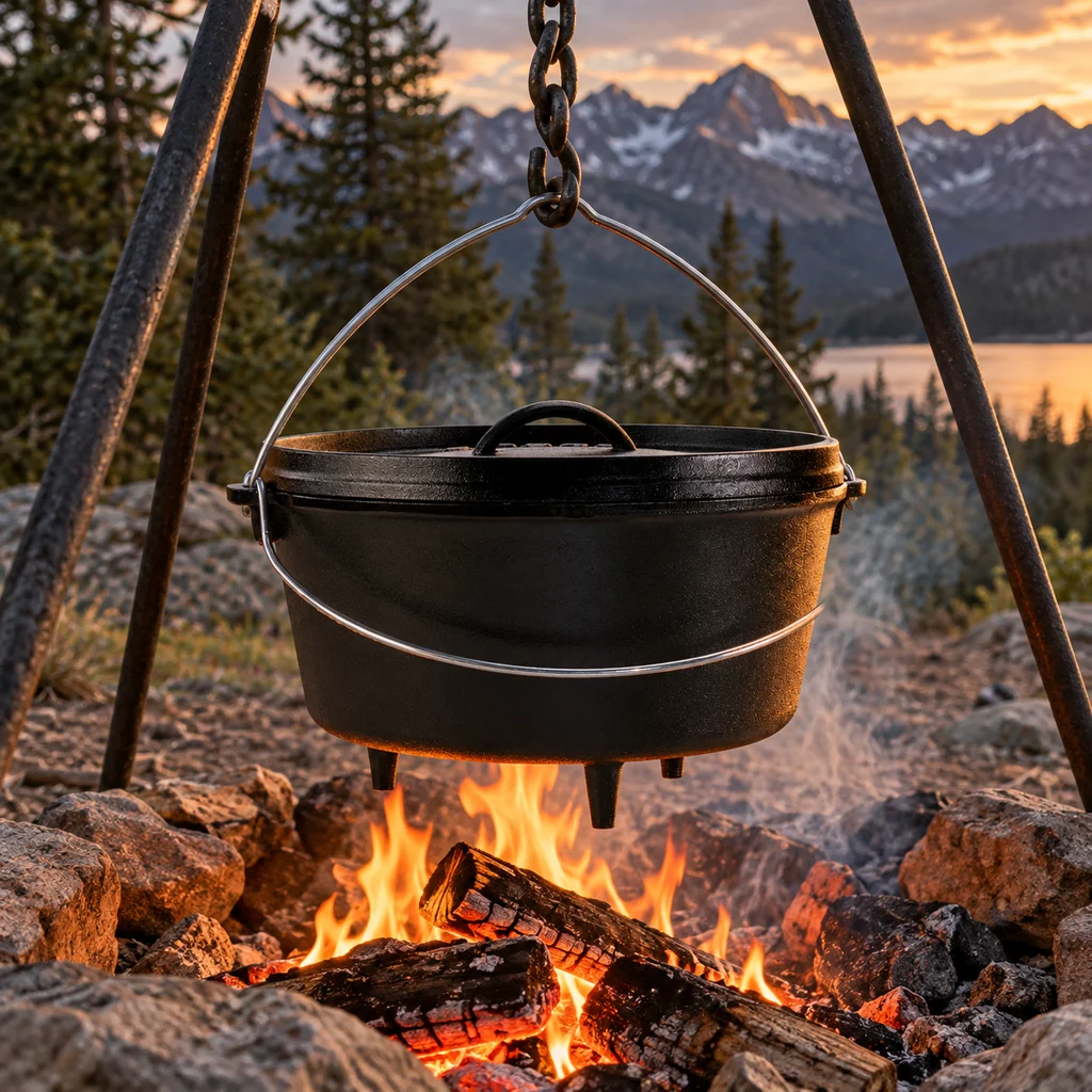 Lodge 8 quart camp dutch oven hanging from a tripod over a Colorado campfire
