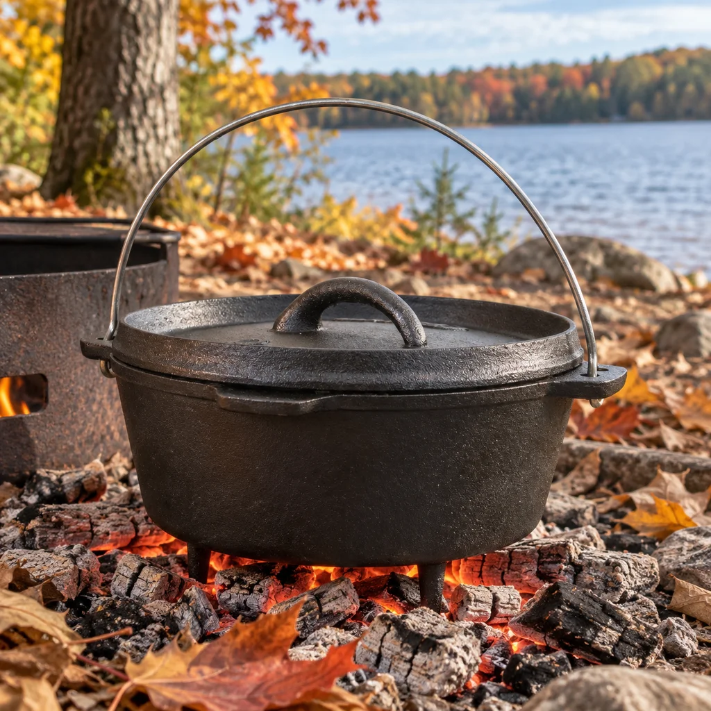 Stansport cast iron dutch oven on coals at a Michigan lakeside campsite