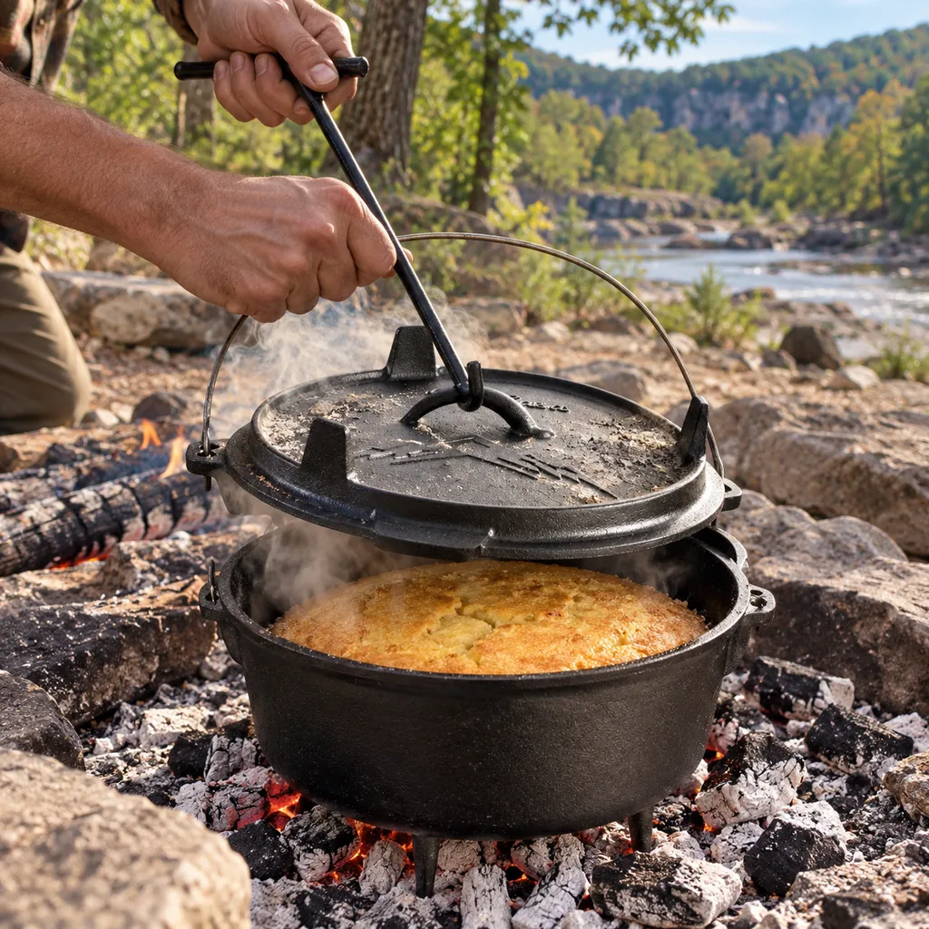 Uno Casa camp dutch oven lid lifted to show cornbread in the Ozarks