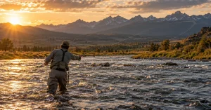 Angler casting across a Madison River riffle in Montana at golden hour