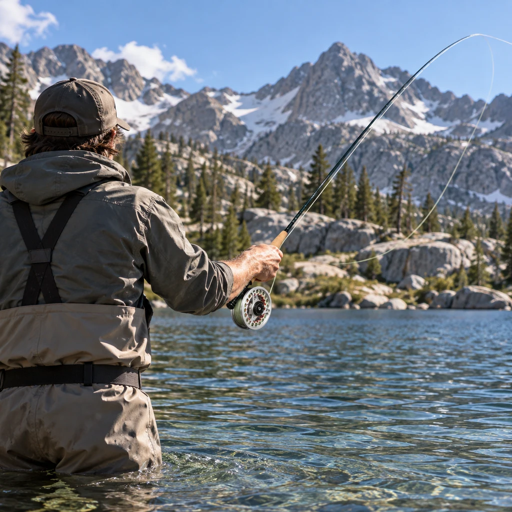 Maxcatch Extreme fly rod and reel on a Sierra Nevada mountain lake