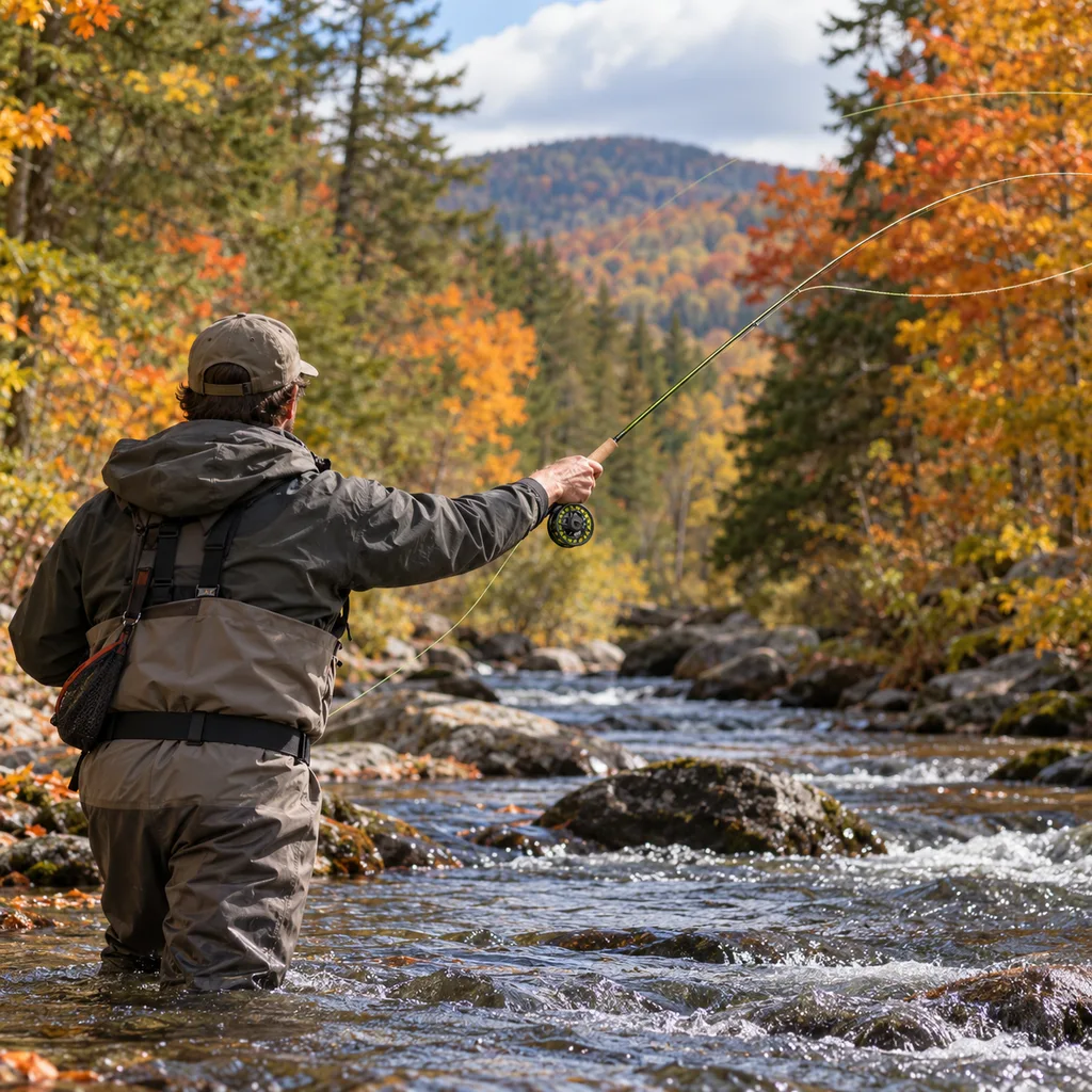 Orvis Encounter fly rod and reel on a Vermont mountain stream in fall