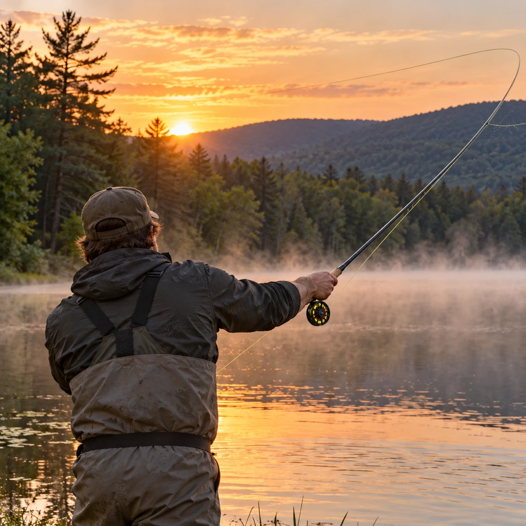 Wild Water fly rod casting on a misty Pocono Mountains pond at sunrise