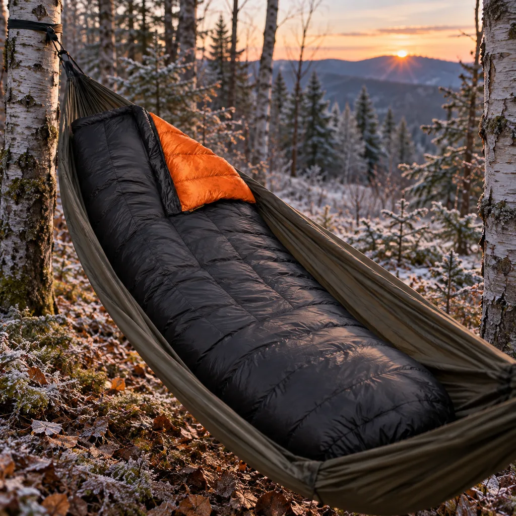 Featherstone Moondance black down top quilt in a hammock among frosty Vermont birches