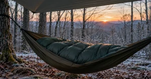 Camper sleeping in a hammock under a down top quilt at a frosty Vermont dawn