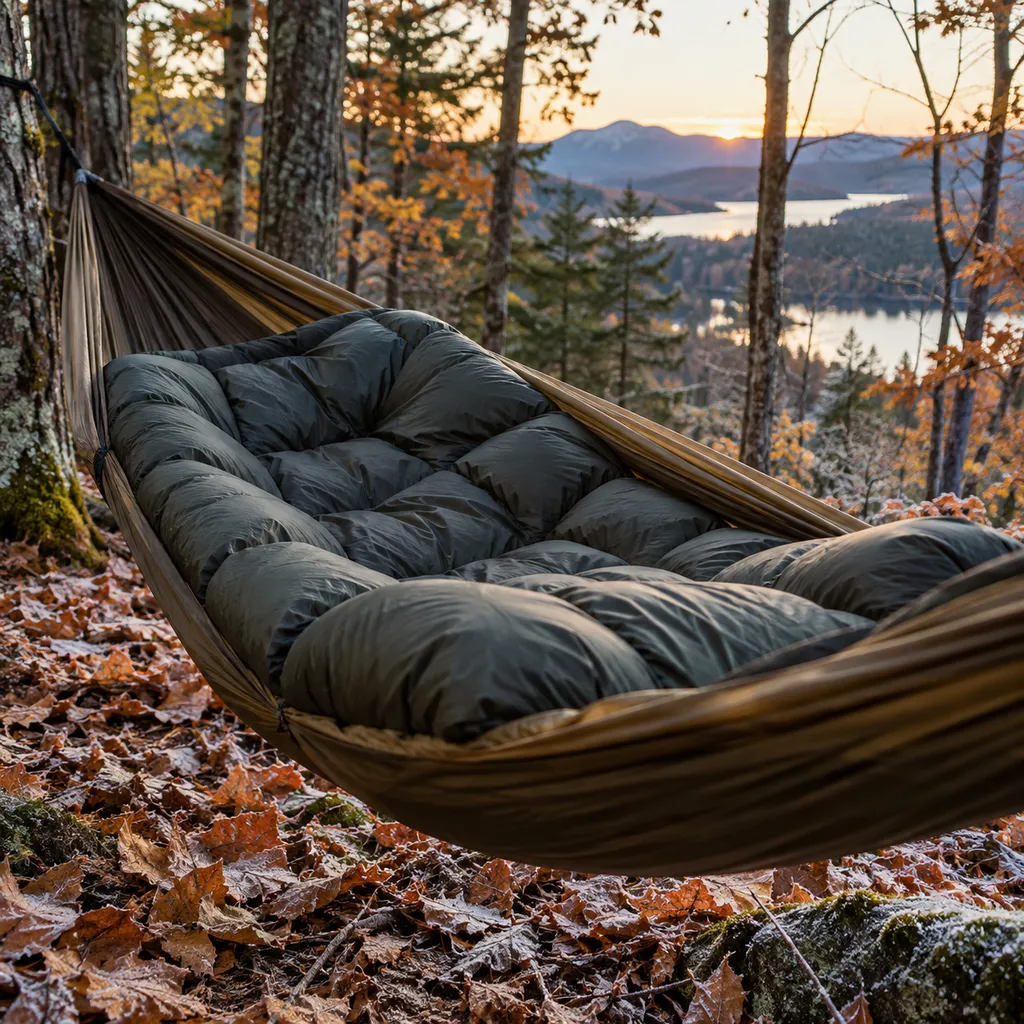 Best hammock top quilts: a puffy quilt inside a gathered-end hammock in the Adirondacks