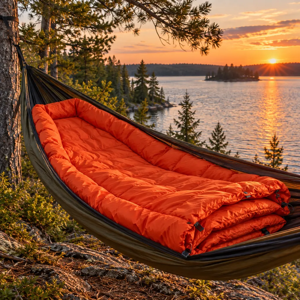 Kammok Firebelly orange down quilt in a hammock beside a Boundary Waters lake at sunset