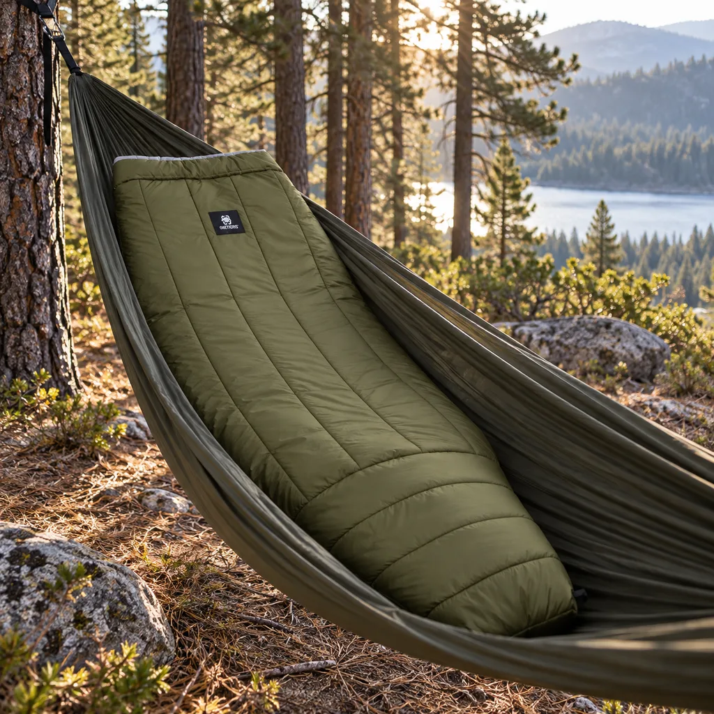 OneTigris Featherlite olive green synthetic quilt draped in a hammock in a California pine forest