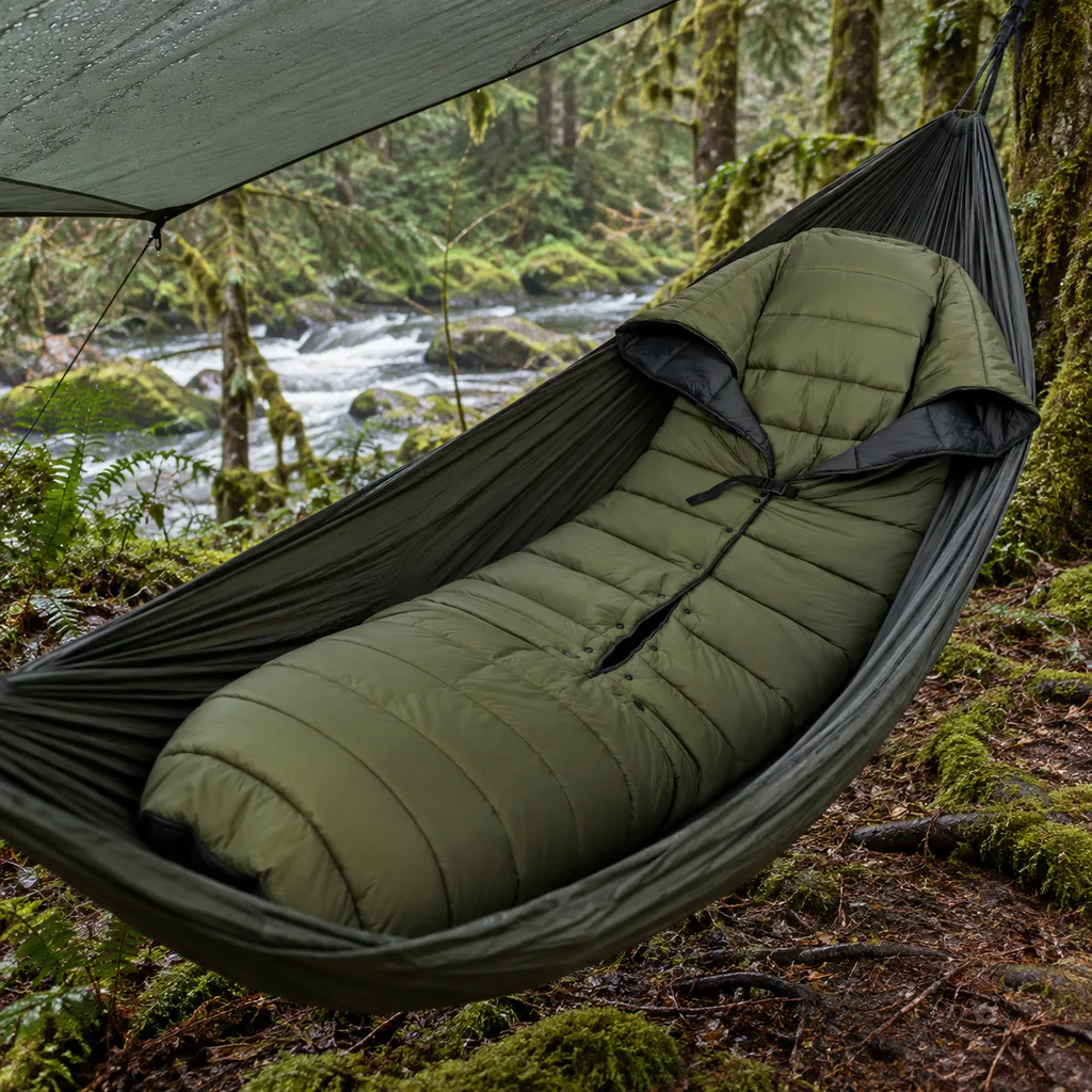 Onewind olive green top quilt inside a hammock under a tarp in an Oregon forest