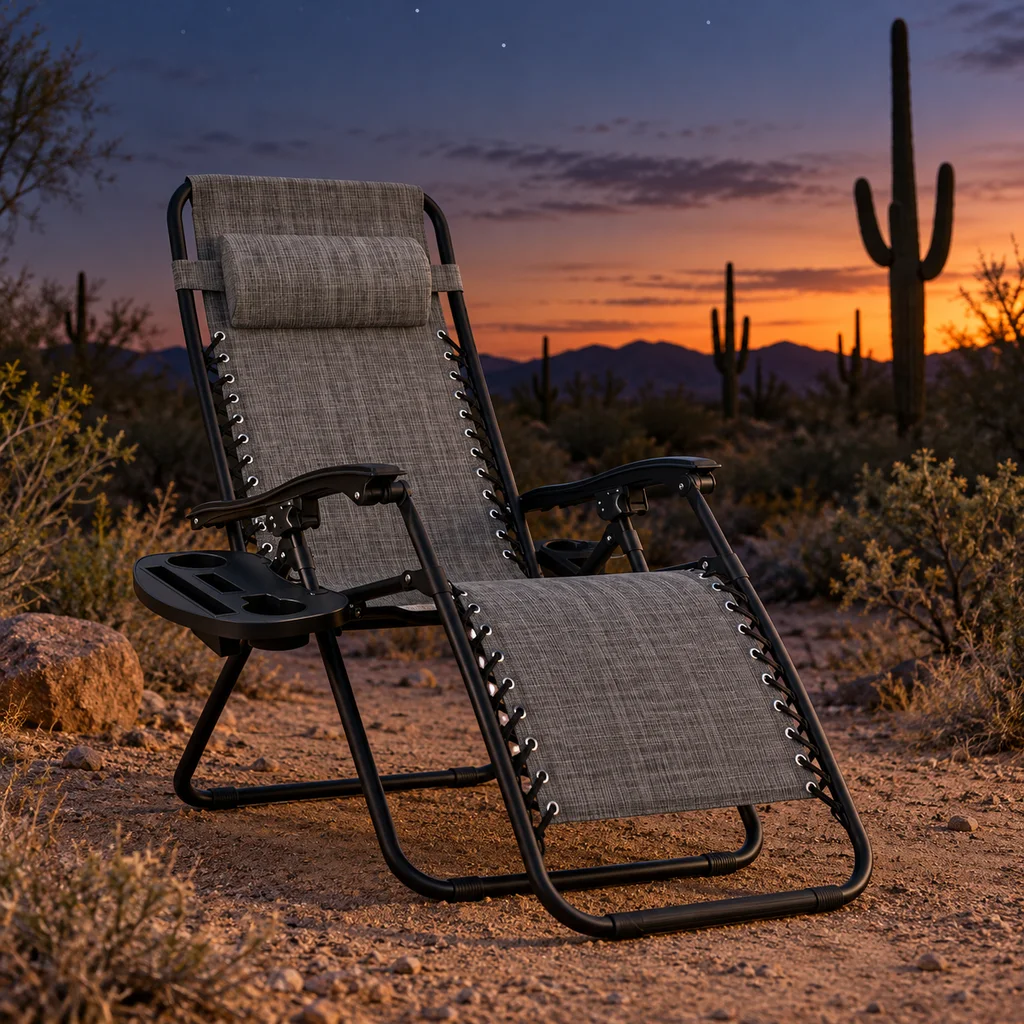 Best Choice Products zero gravity chair reclined at an Arizona desert campsite at dusk