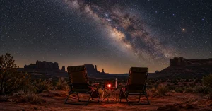 Two reclining camp chairs facing a starry Milky Way sky at a Utah desert campsite