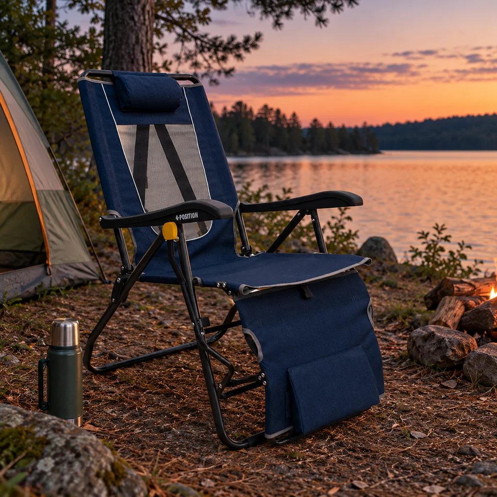 GCI Outdoor Legz Up Lounger with leg rest raised at a Minnesota lakeside campsite