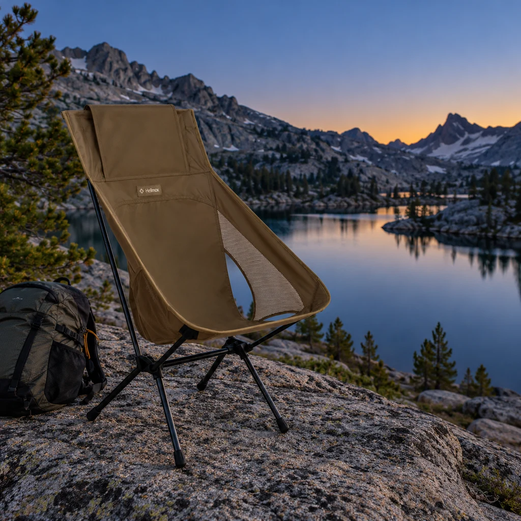 Helinox Chair One Highback on a granite slab above a Sierra Nevada lake at dusk