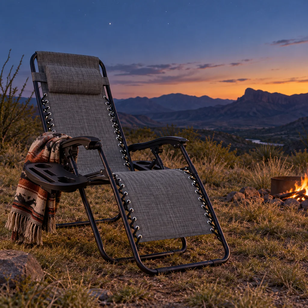 Best reclining camping chairs set up for stargazing at a Big Bend Texas campsite at blue hour