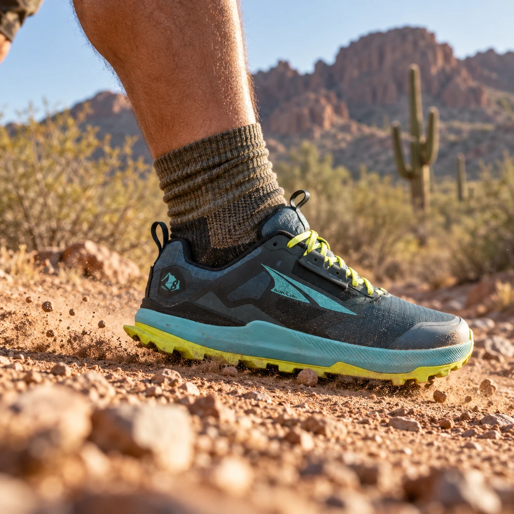 Altra Lone Peak 8 trail shoes rucking a dirt trail in the Arizona desert