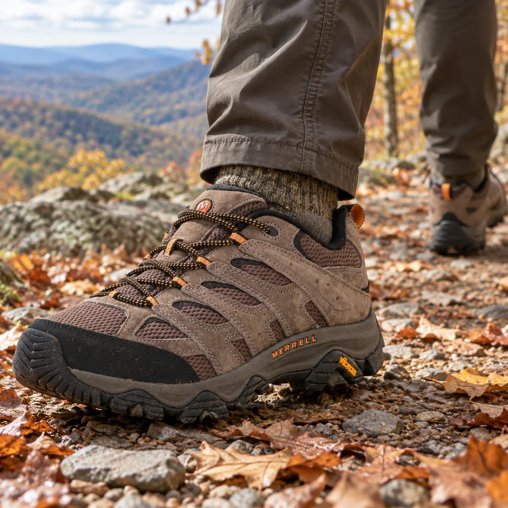 Merrell Moab 3 hiking shoes rucking a gravel trail in Shenandoah, Virginia