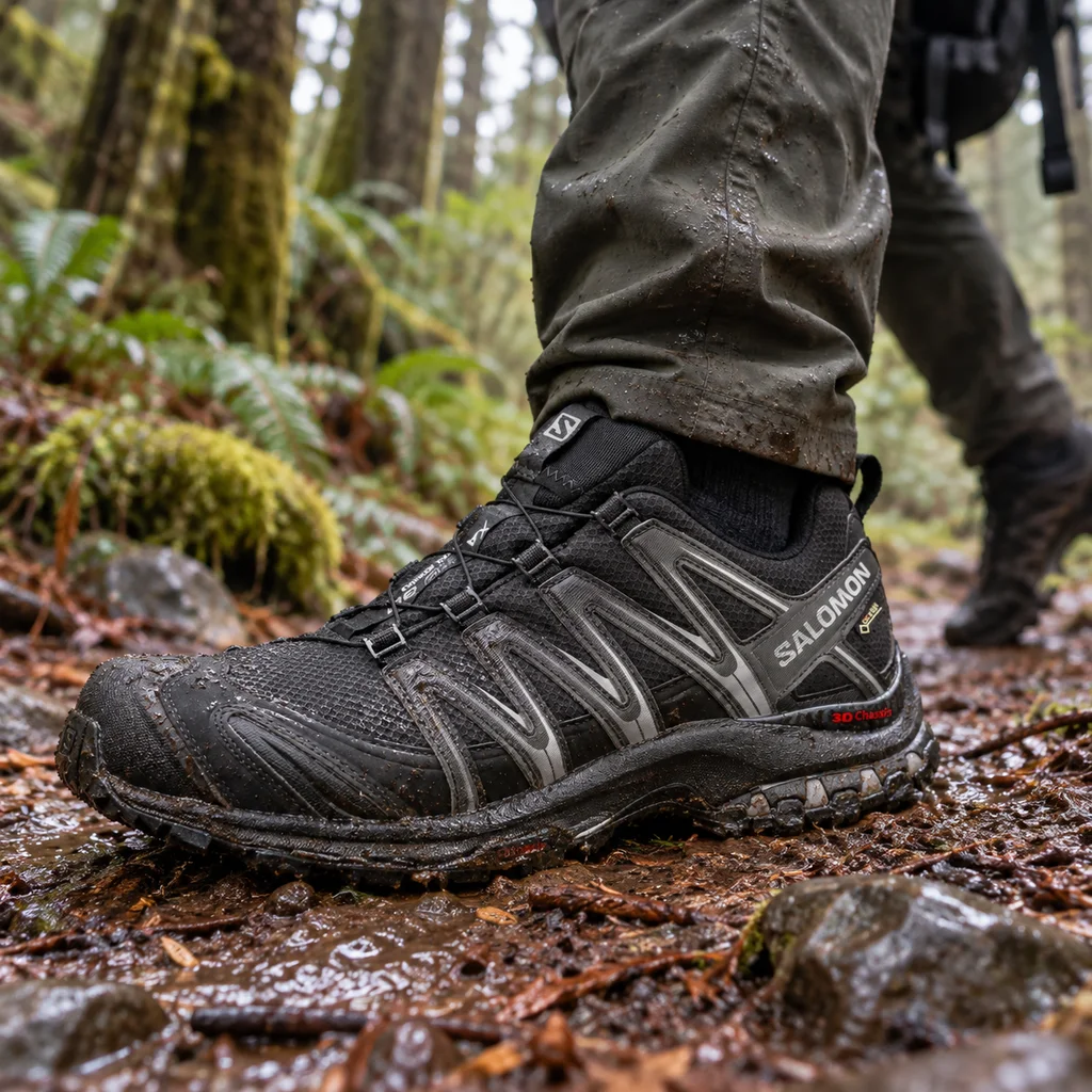 Salomon XA PRO 3D Gore-Tex shoes rucking a wet Oregon forest trail