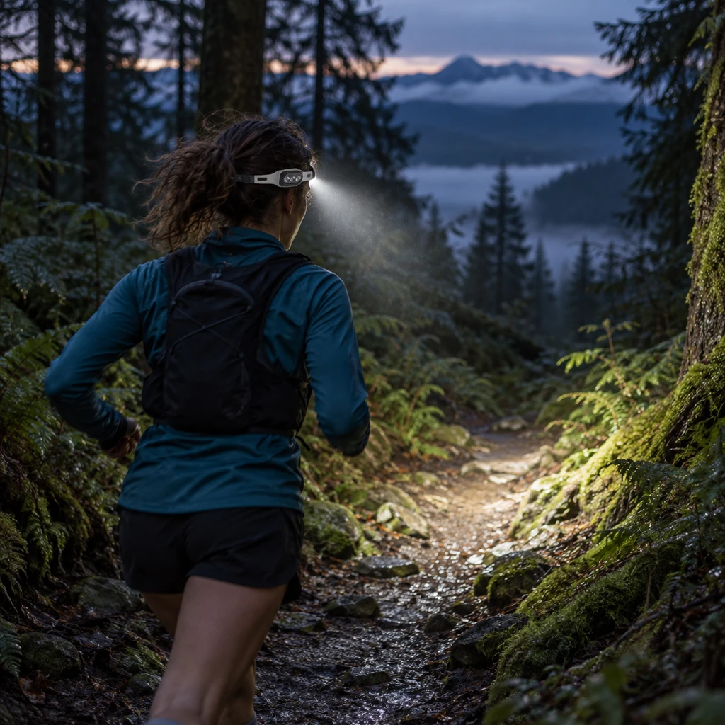 Black Diamond Deploy run light on a pre-dawn forest trail run in Washington