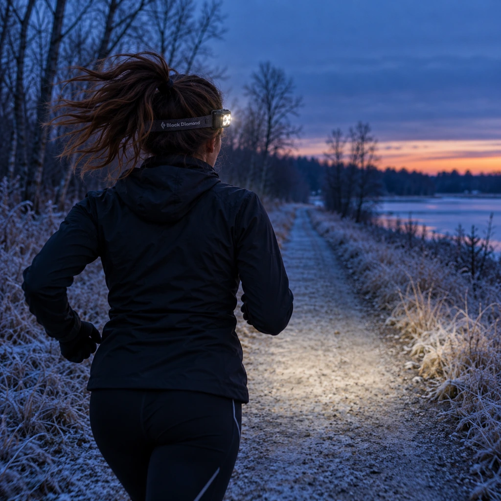 Black Diamond Spot 400-R headlamp on a frosty Minnesota rail trail at blue hour