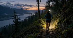 Trail runner with a bright headlamp on a Columbia River Gorge singletrack at dusk