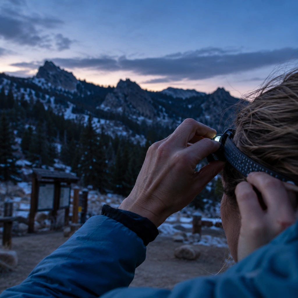 Best running headlamps: hands adjusting a headlamp strap at a Boulder trailhead before dawn